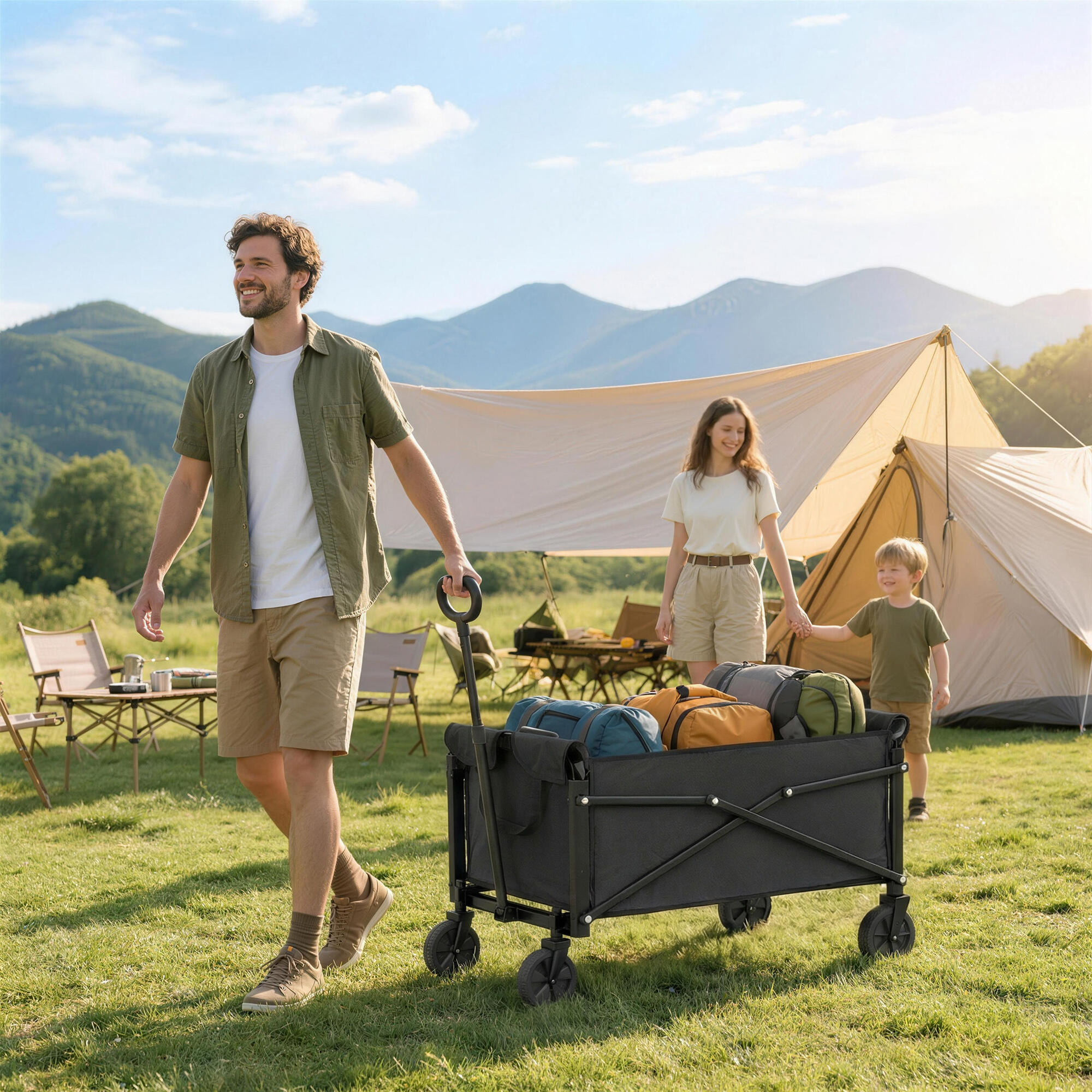 Chariot jardin 80L compact pliable roues poignée réglable noir 3/6