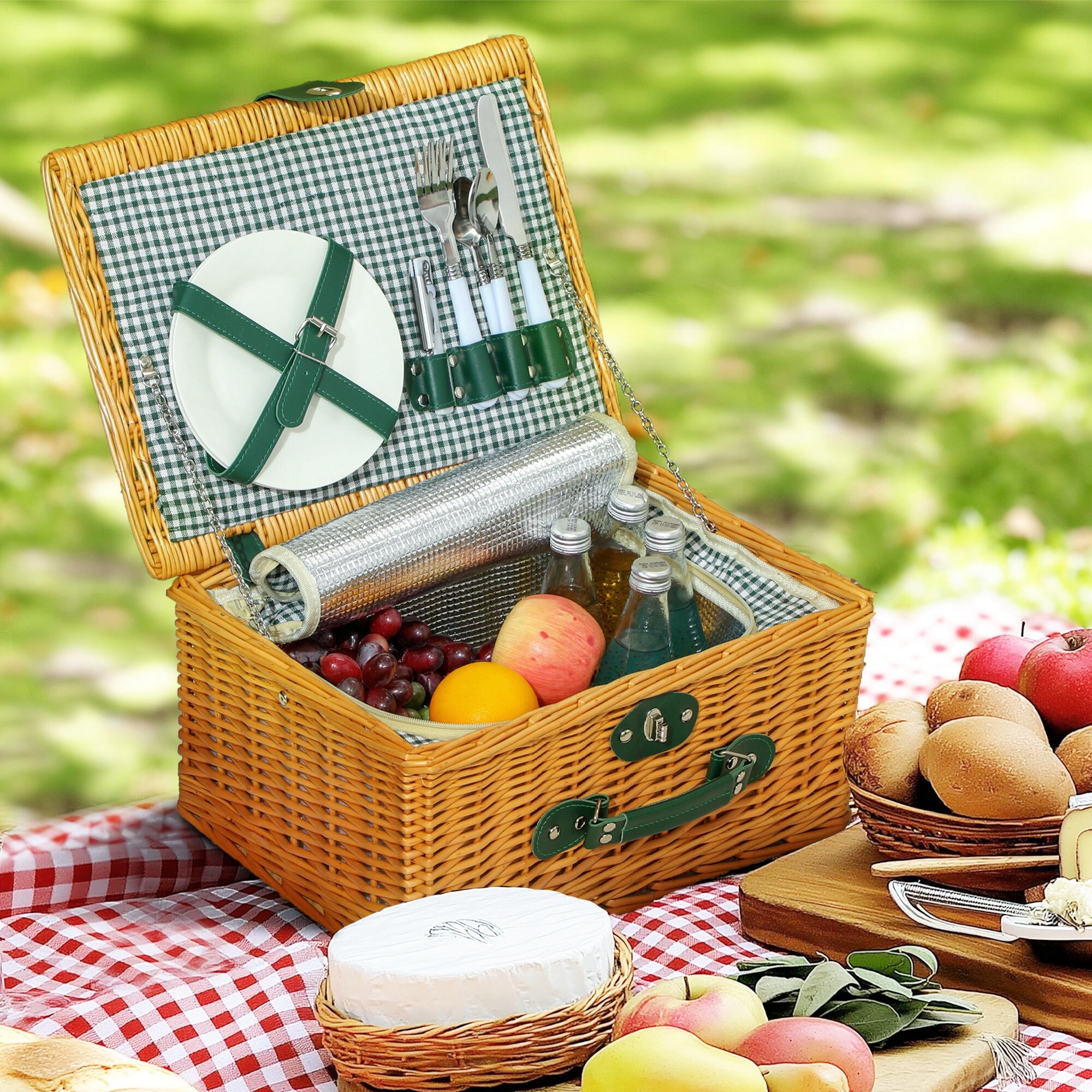 Outsunny Cesta da Pic Nic per 2 Persone con Area Frigo in Vimini Marrone Chiaro 2/7