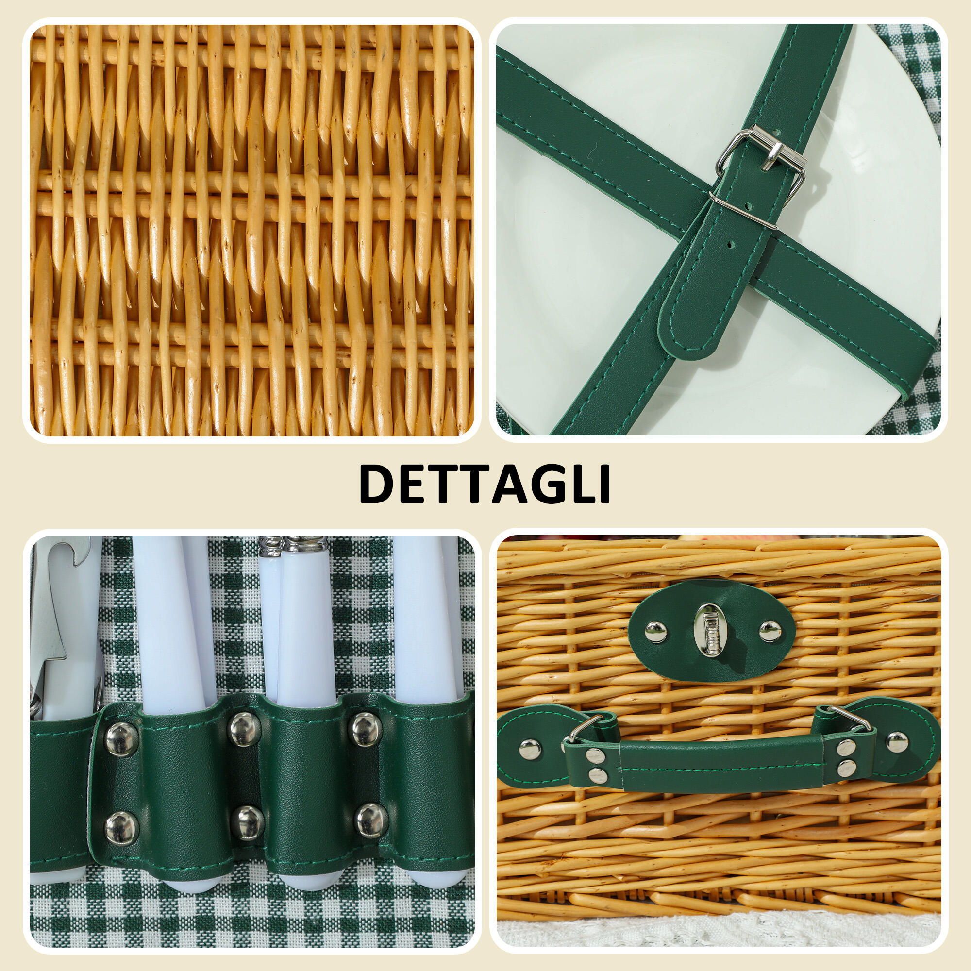 Outsunny Cesta da Pic Nic per 2 Persone con Area Frigo in Vimini Marrone Chiaro 6/7