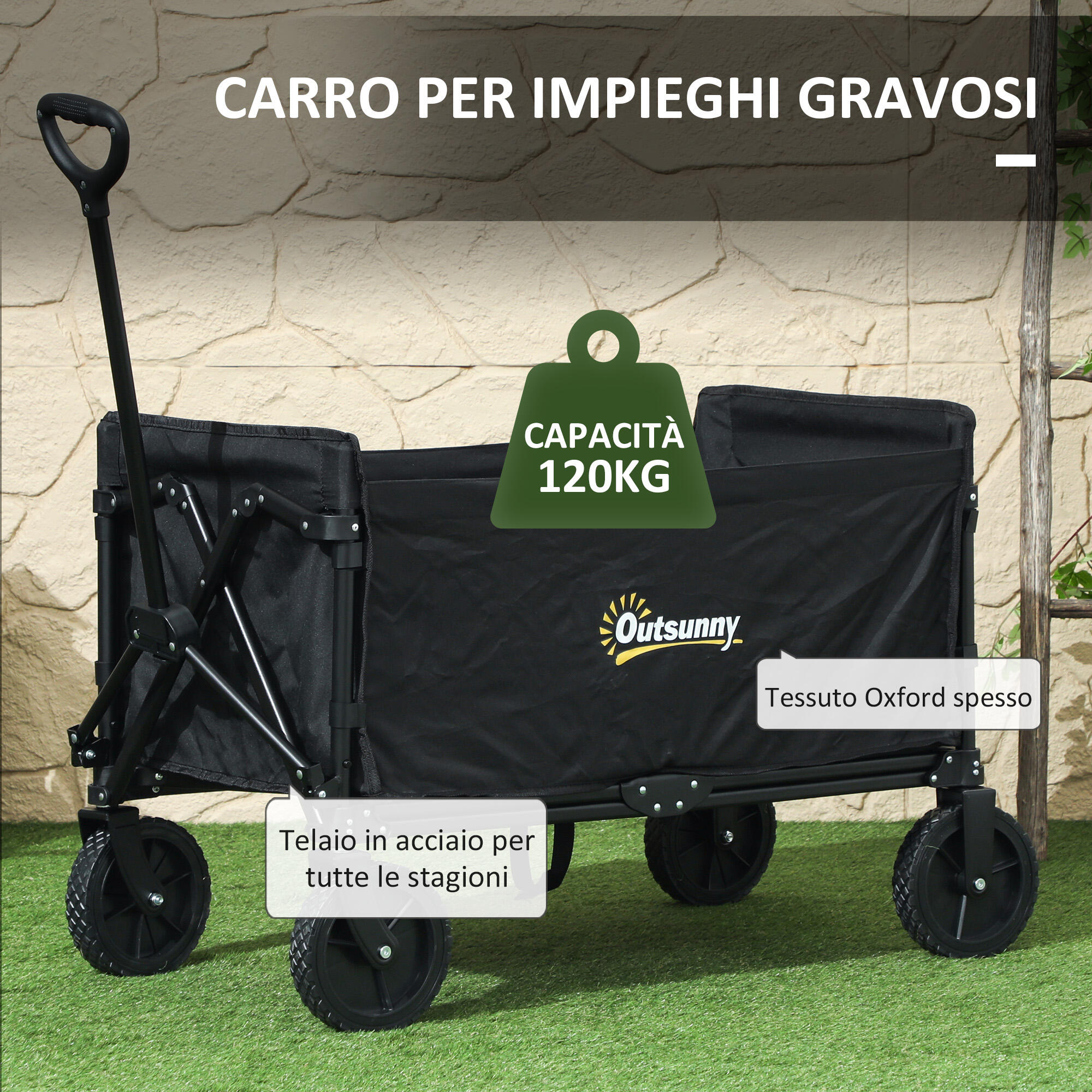 Outsunny Carrello da Esterno da 120L Pieghevole 90x48x62 cm Nero 5/7