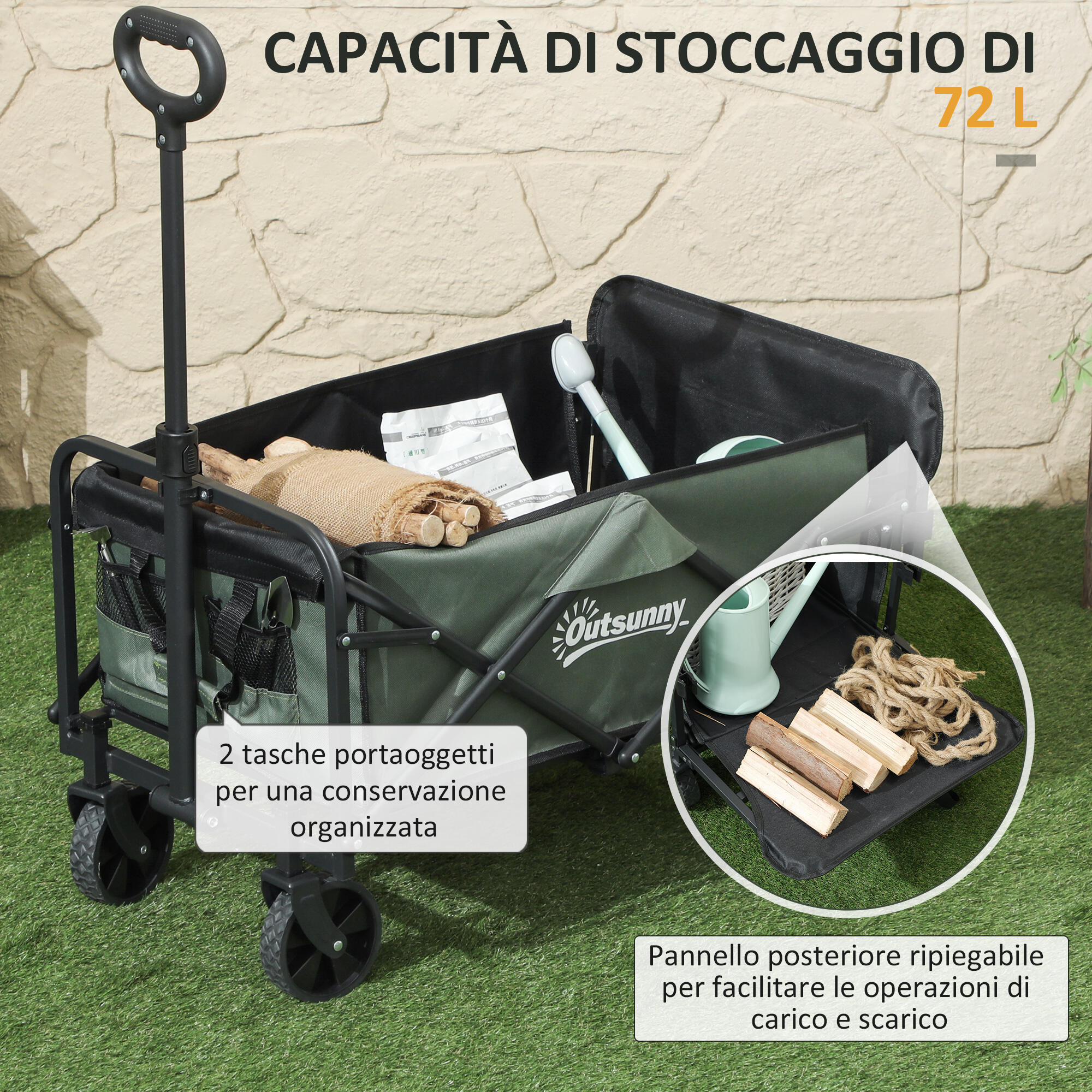Outsunny Carrello da Esterno da 72L Pieghevole 76x48x65-92 cm Verde 4/7
