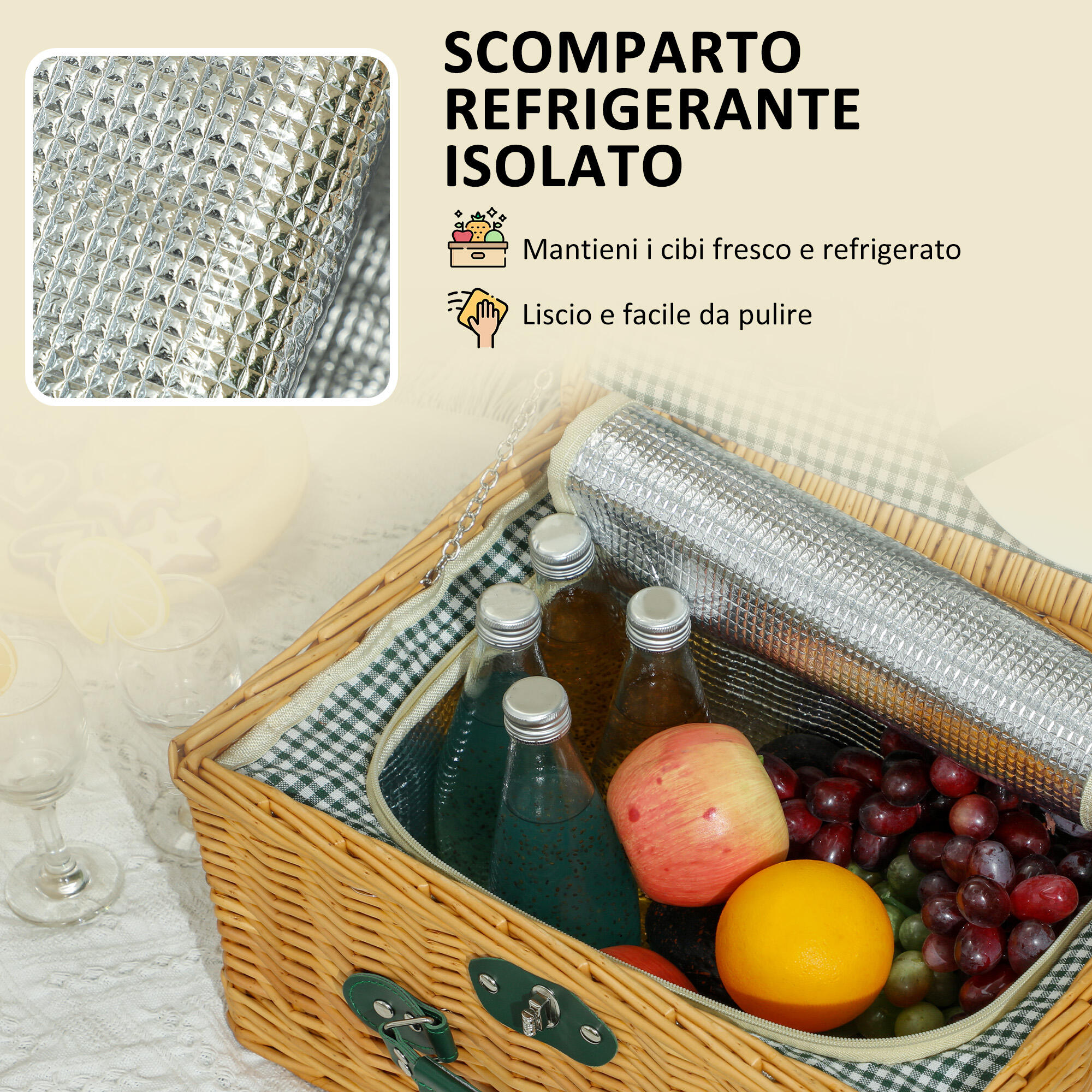 Outsunny Cesta da Pic Nic per 2 Persone con Area Frigo in Vimini Marrone Chiaro 5/7