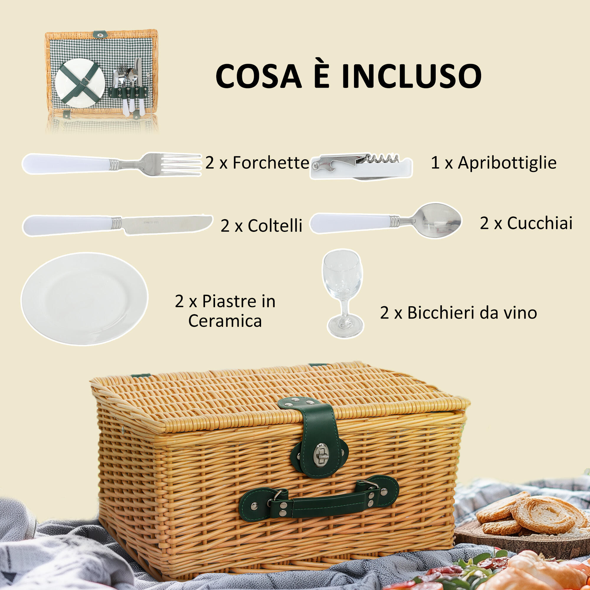 Outsunny Cesta da Pic Nic per 2 Persone con Area Frigo in Vimini Marrone Chiaro 4/7