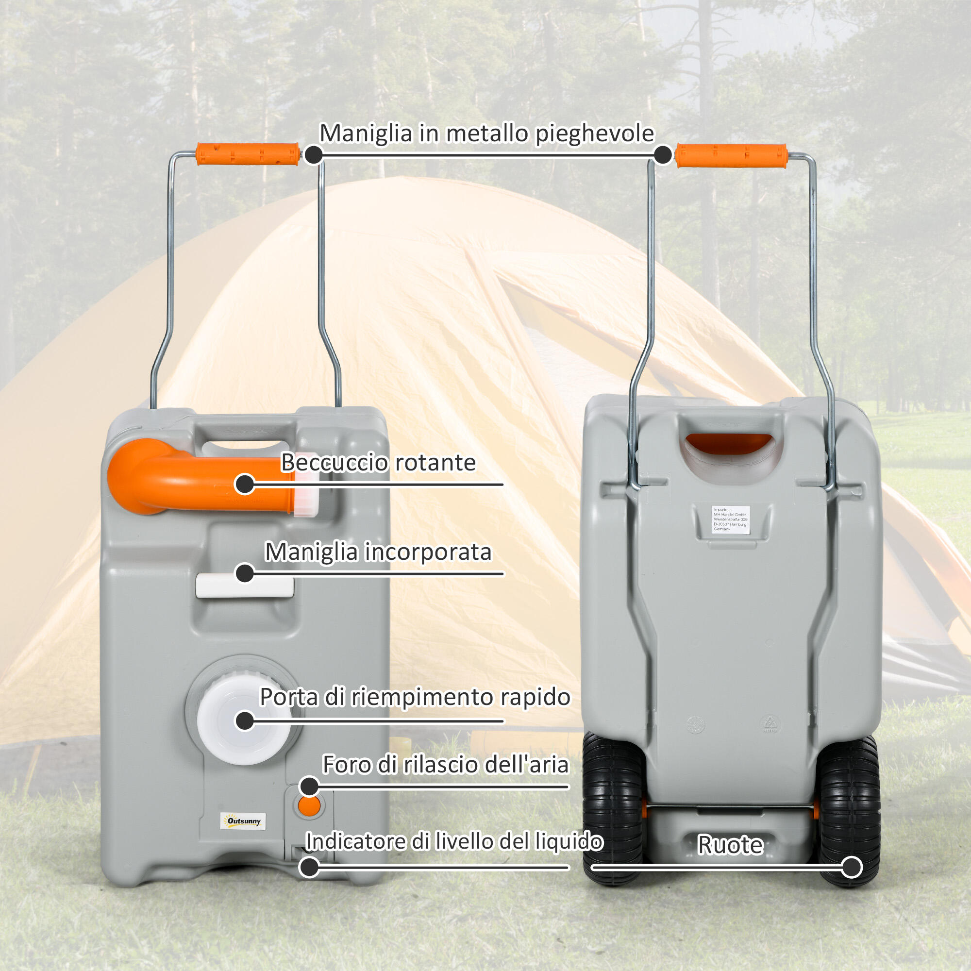 Outsunny Serbatoio per Acqua da Campeggio 22L Ruote e Maniglia Grigio 4/7