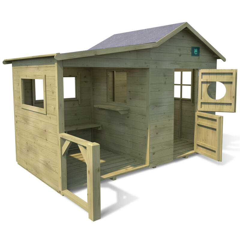 Cabane en bois traité avec préau et banc HACIENDA 1/5