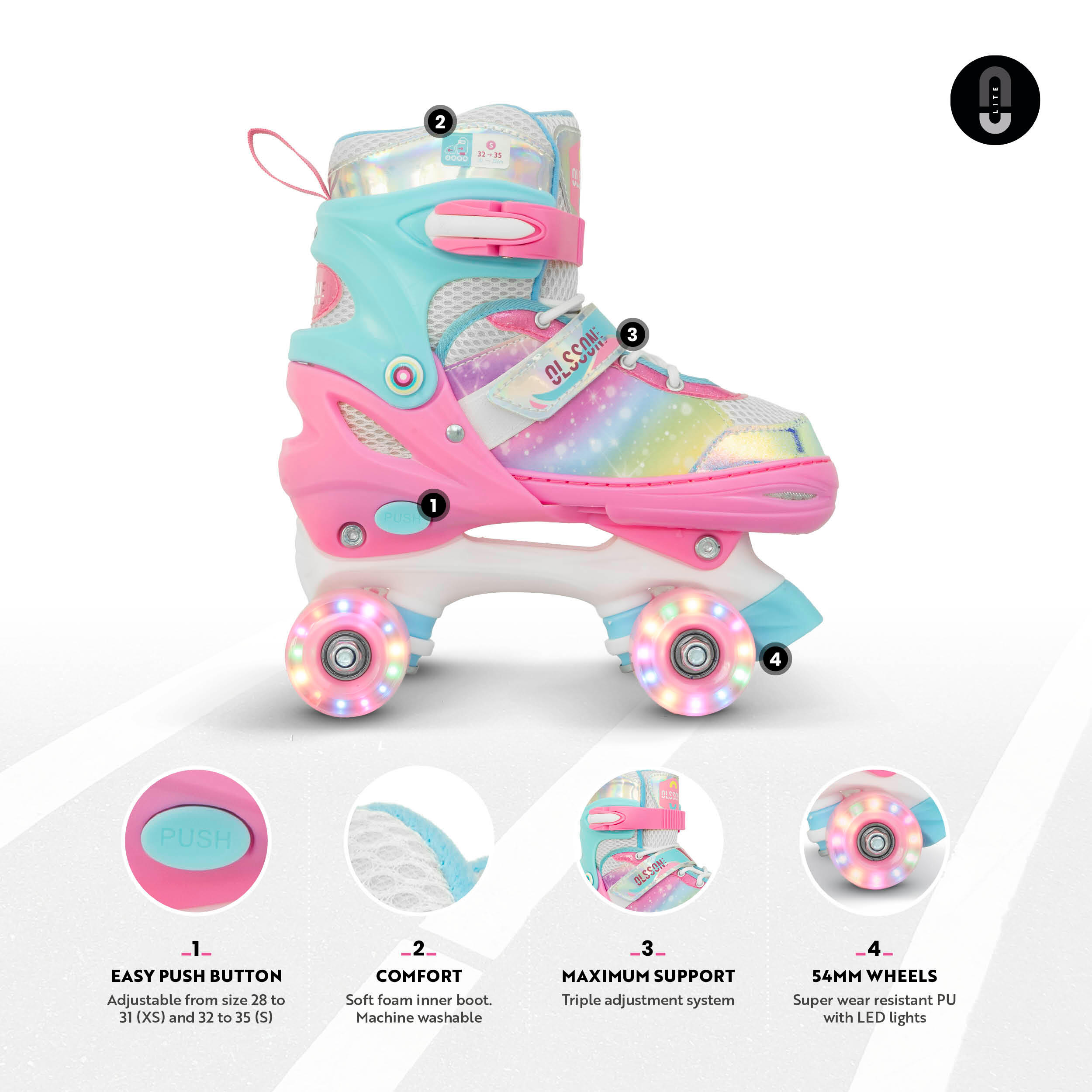 Pattini 4 rotelle quad BLOSSOM Turchese – Taglia regolabile (32–35), ABEC7 2/7