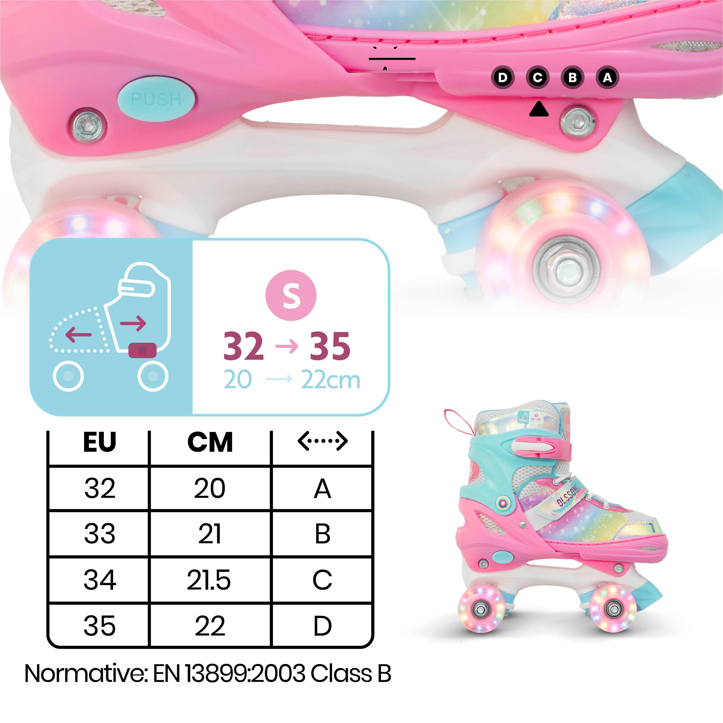 Pattini 4 rotelle quad BLOSSOM Turchese – Taglia regolabile (32–35), ABEC7 4/7