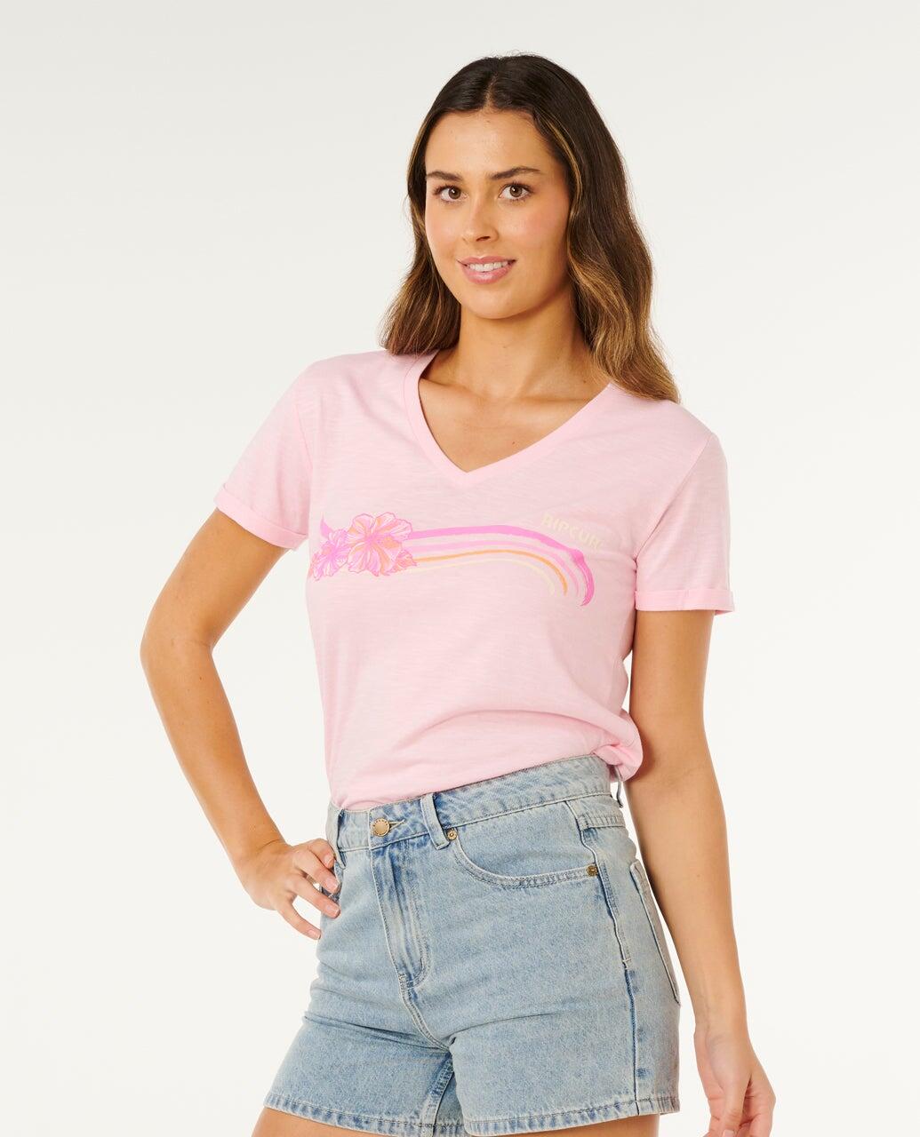 T-shirt Femme Molokaï imprimé V - Soft Pink Hawaii 2/6