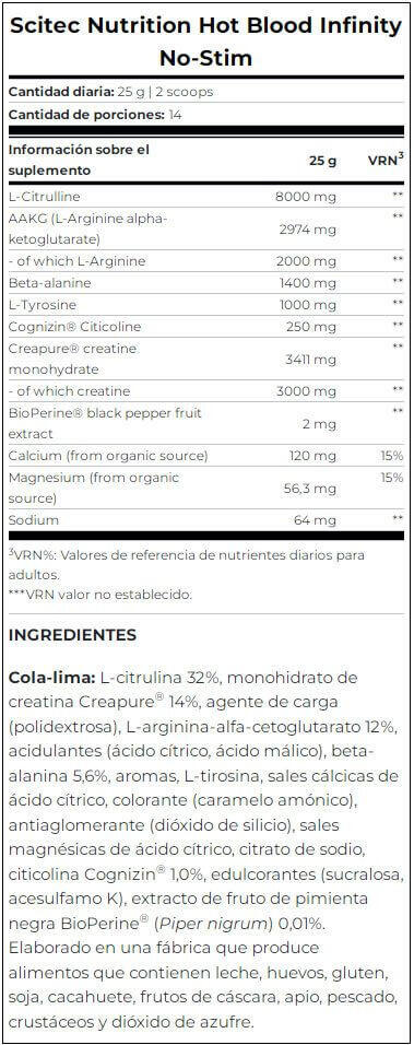 Hot Blood Infinity No-Stim - 350g Lima y cola Scitec Nutrition 3/3