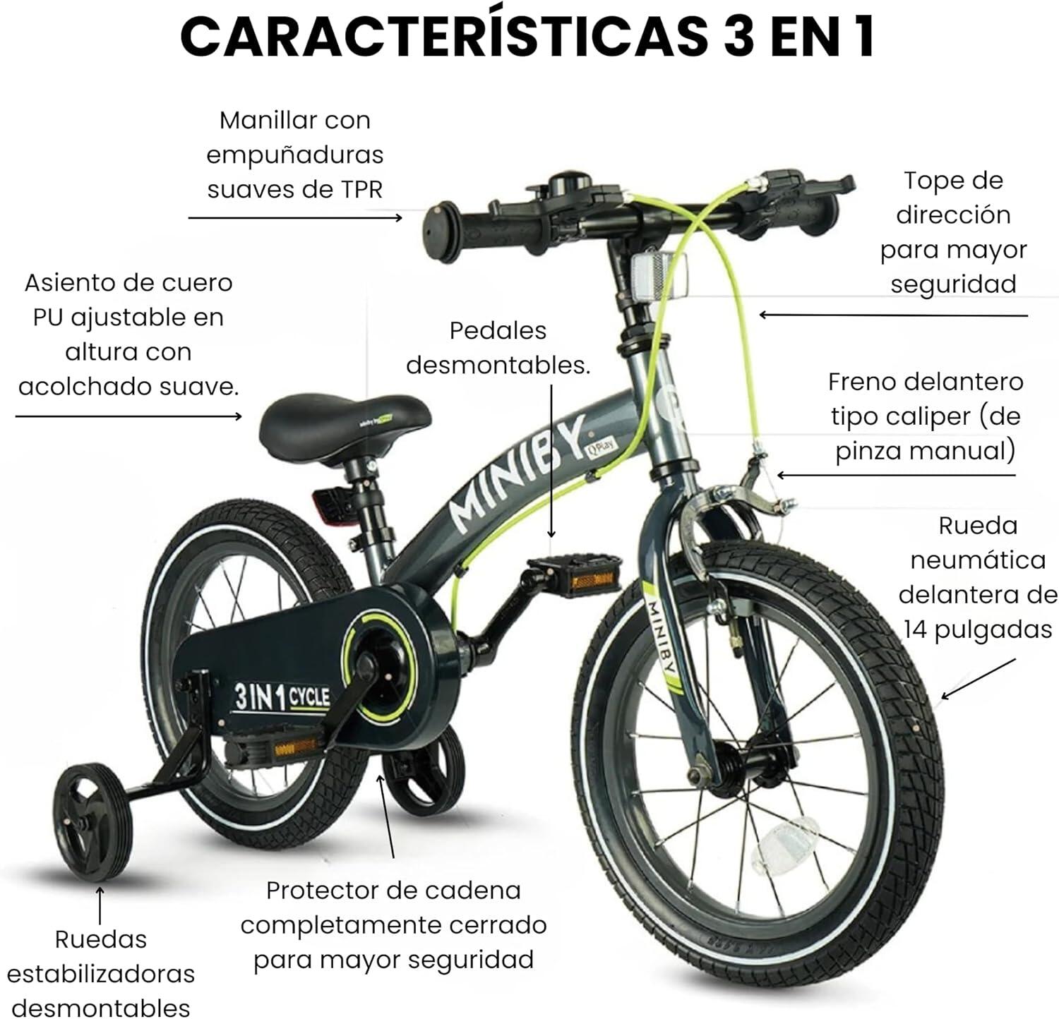 Bicicleta Infantil Miniby 3 en 1, Modo Sin Pedales, con Ruedines y con Pedales 3/7