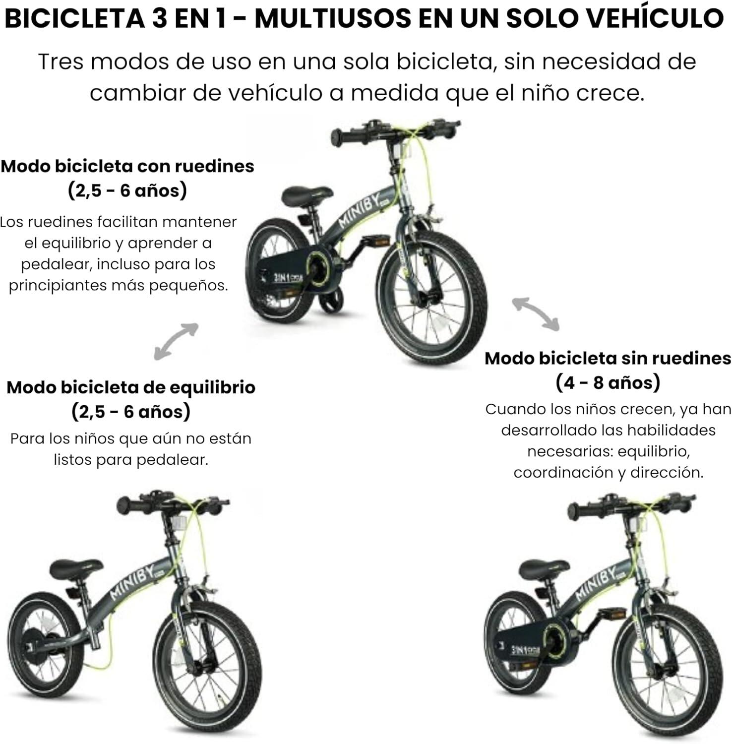 Bicicleta Infantil Miniby 3 en 1, Modo Sin Pedales, con Ruedines y con Pedales 2/7