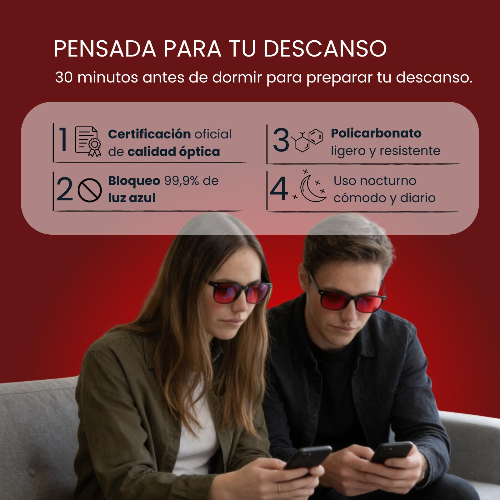 Gafas Red Horizon by Wellbeinn — Filtro Luz Azul y Verde para Mejorar el Sueño 6/7