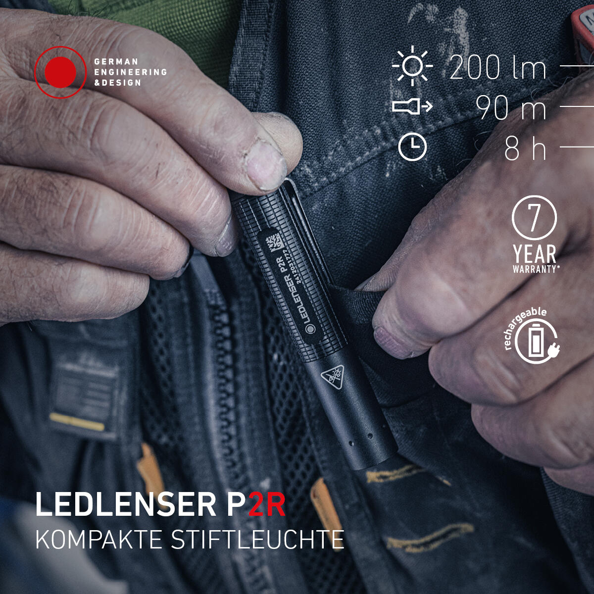 Lampe torche LED rechargeable - 200 lm, IP54, portée 90 m, USB-C - P2R 3/7