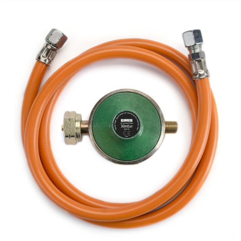 Set hadice 1,5m a regulátor tlaku Gimeg 30 Mbar Kombi se závity 1/4" 1/2