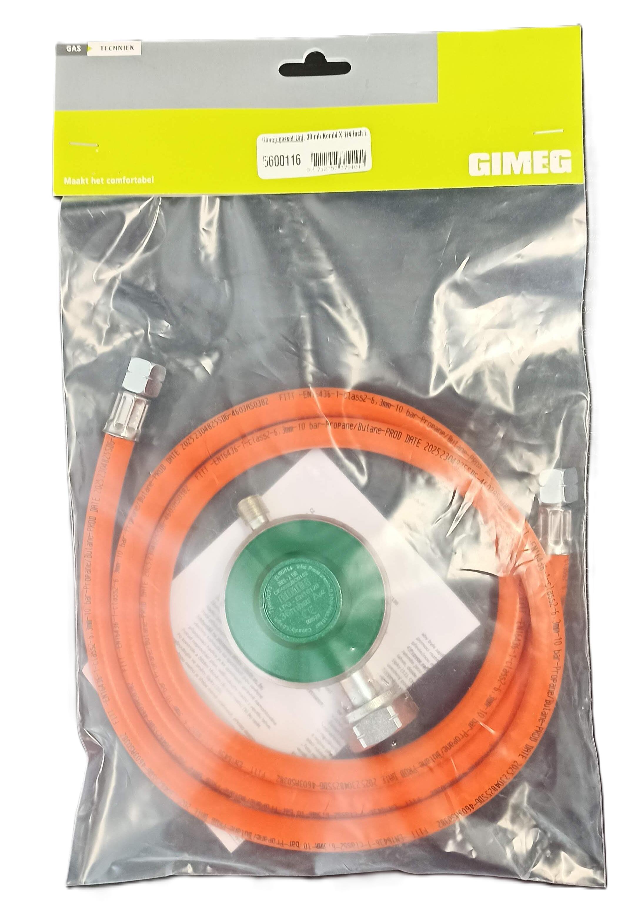 Set hadice 1,5m a regulátor tlaku Gimeg 30 Mbar Kombi se závity 1/4" 2/2