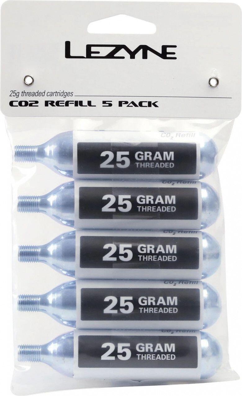 Cartuş CO2 Lezyne 25g, argintiu cu etichetă albă, set 5 buc.