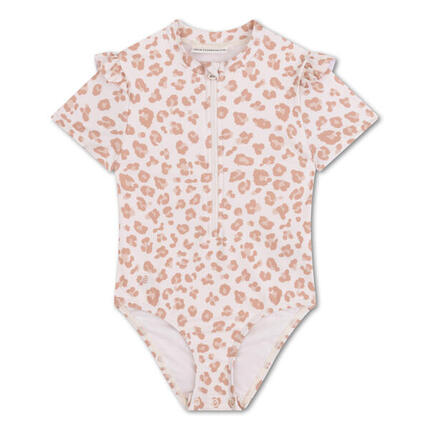 Maillot de bain anti-UV fille à manches courtes - beige - Leopard - 146/152