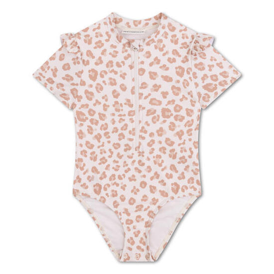 Maillot de bain anti-UV fille à manches courtes - beige - Leopard - 146/152
