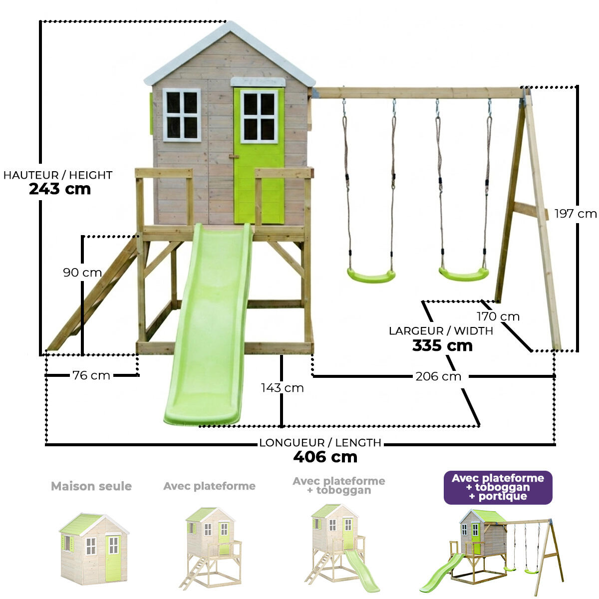 Tinni tuinspeelhuisje met platform, glijbaan en dubbele schommel 4/5