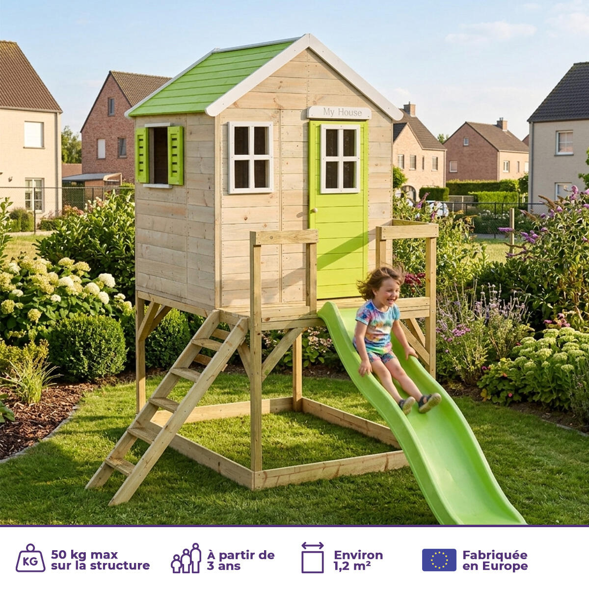 Casita de juegos infantil para jardín - Casita de juegos + plataforma + tobogán 2/5