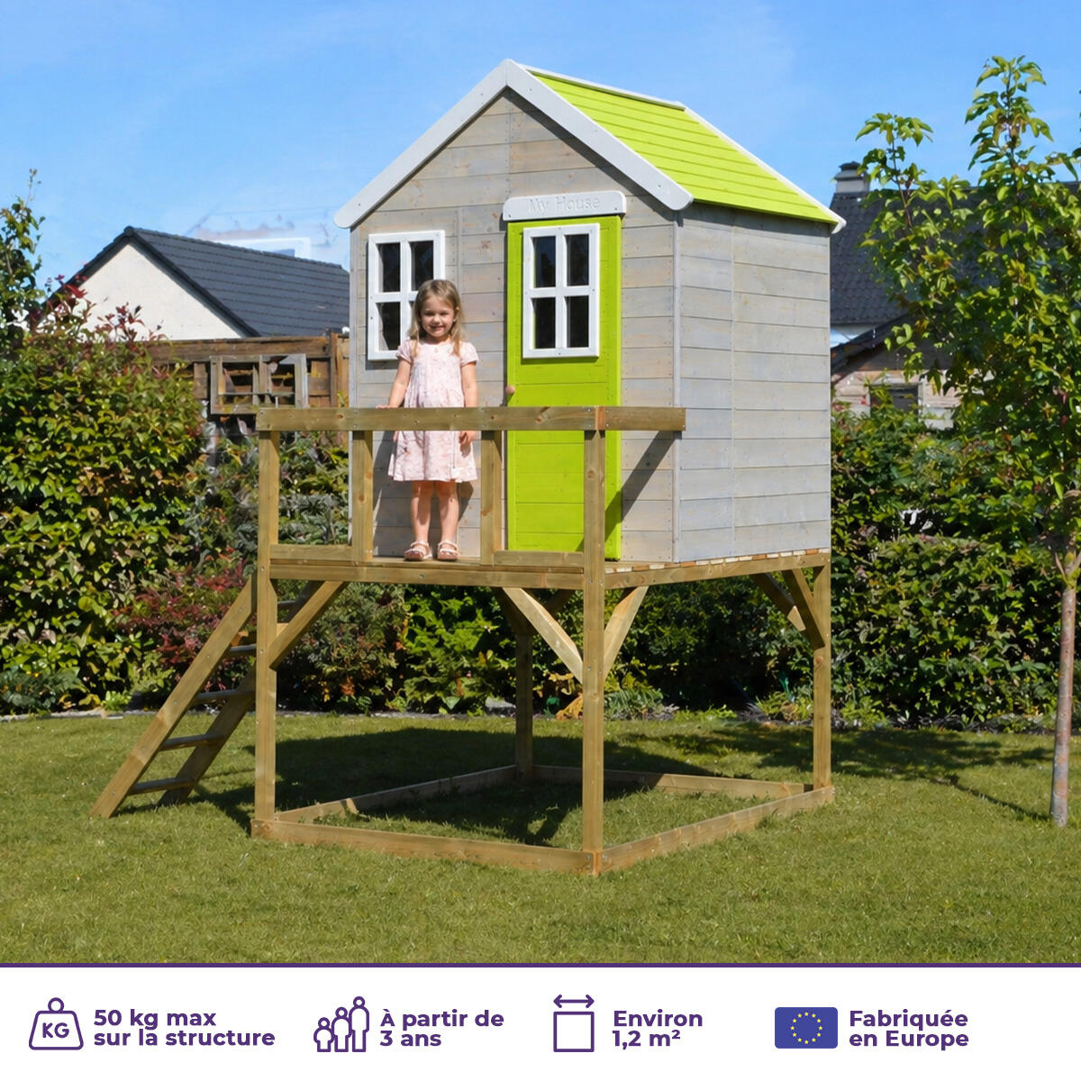 Maisonnette Enfant Extérieur en Bois TINNI avec Plateforme 2/5
