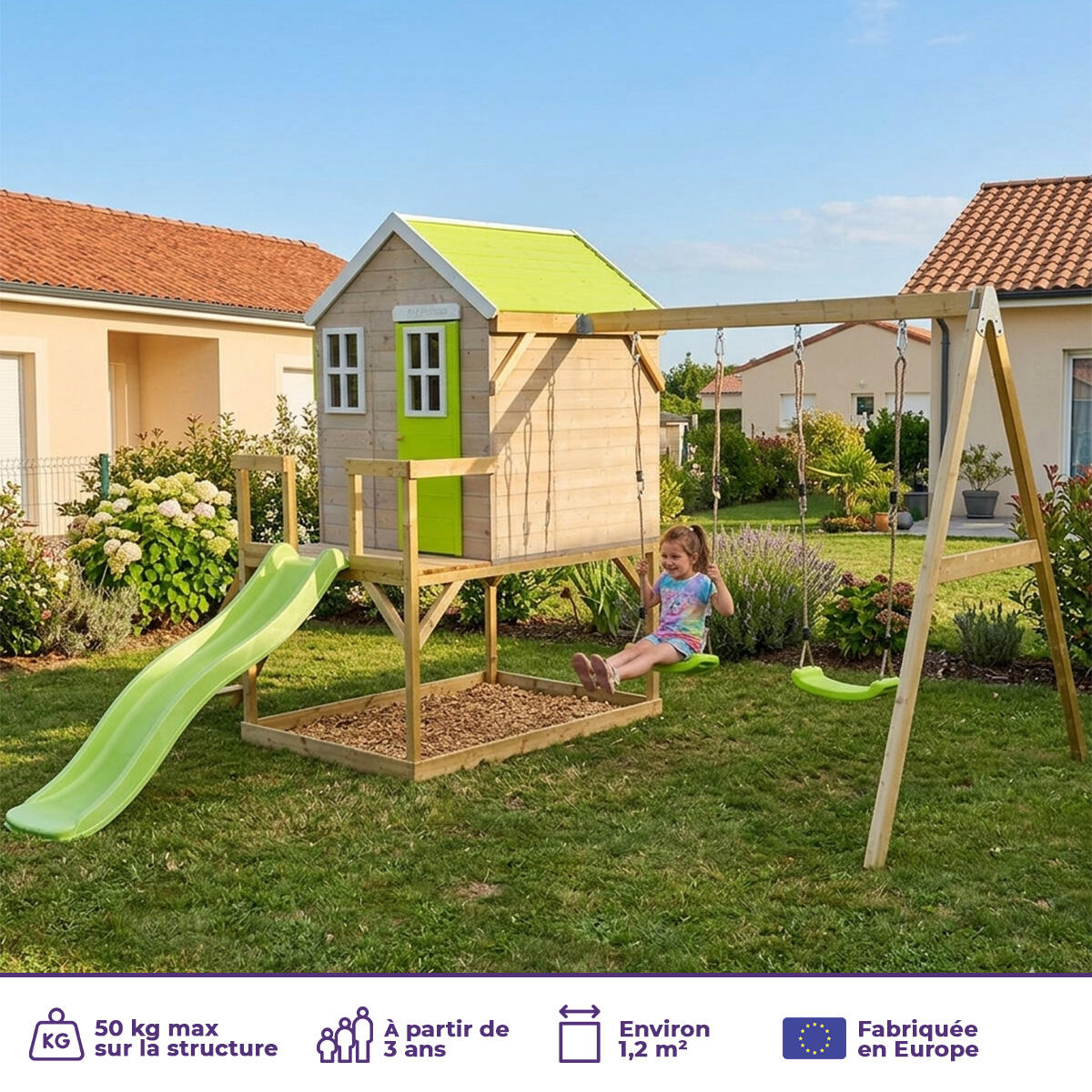 Tinni tuinspeelhuisje met platform, glijbaan en dubbele schommel 2/5