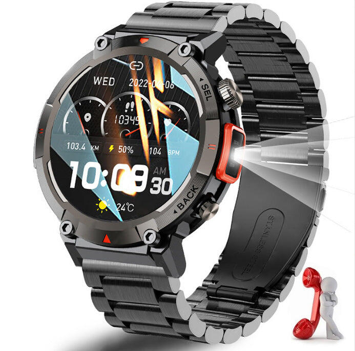 1.45-Inch HD Round Screen Steel Belts Outdoor Smartwatch - Black-Red