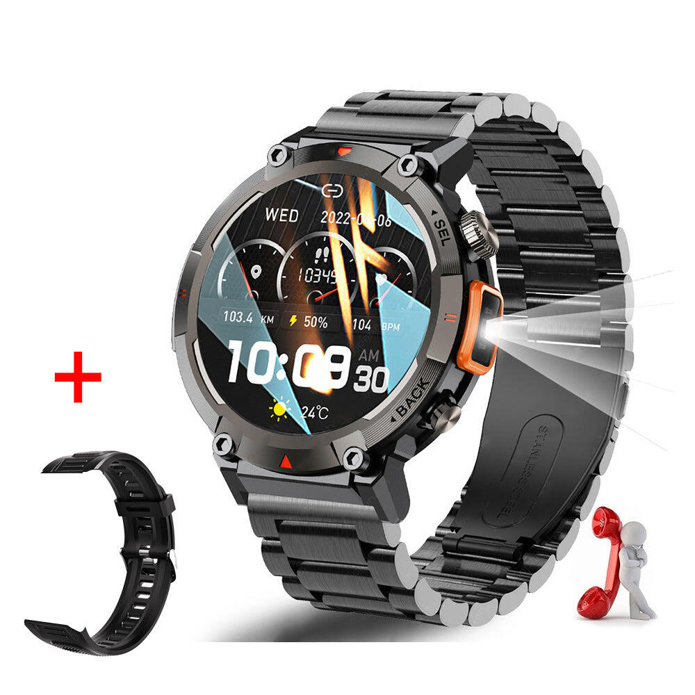 1.45-Inch HD Round Screen Steel Belts Outdoor Smartwatch - Black-Orange