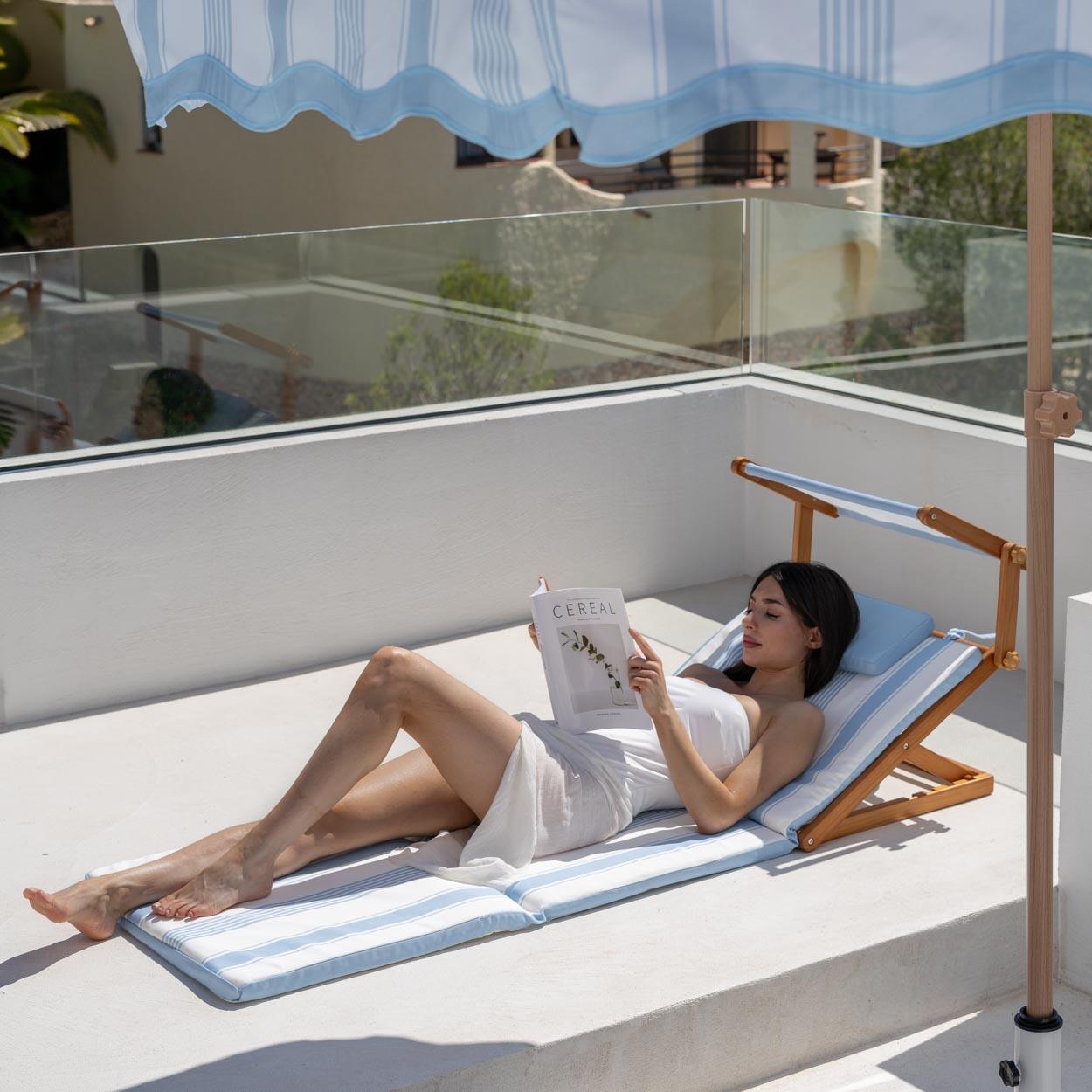 Flamingueo tumbona plegable madera con parasol azul 6/7