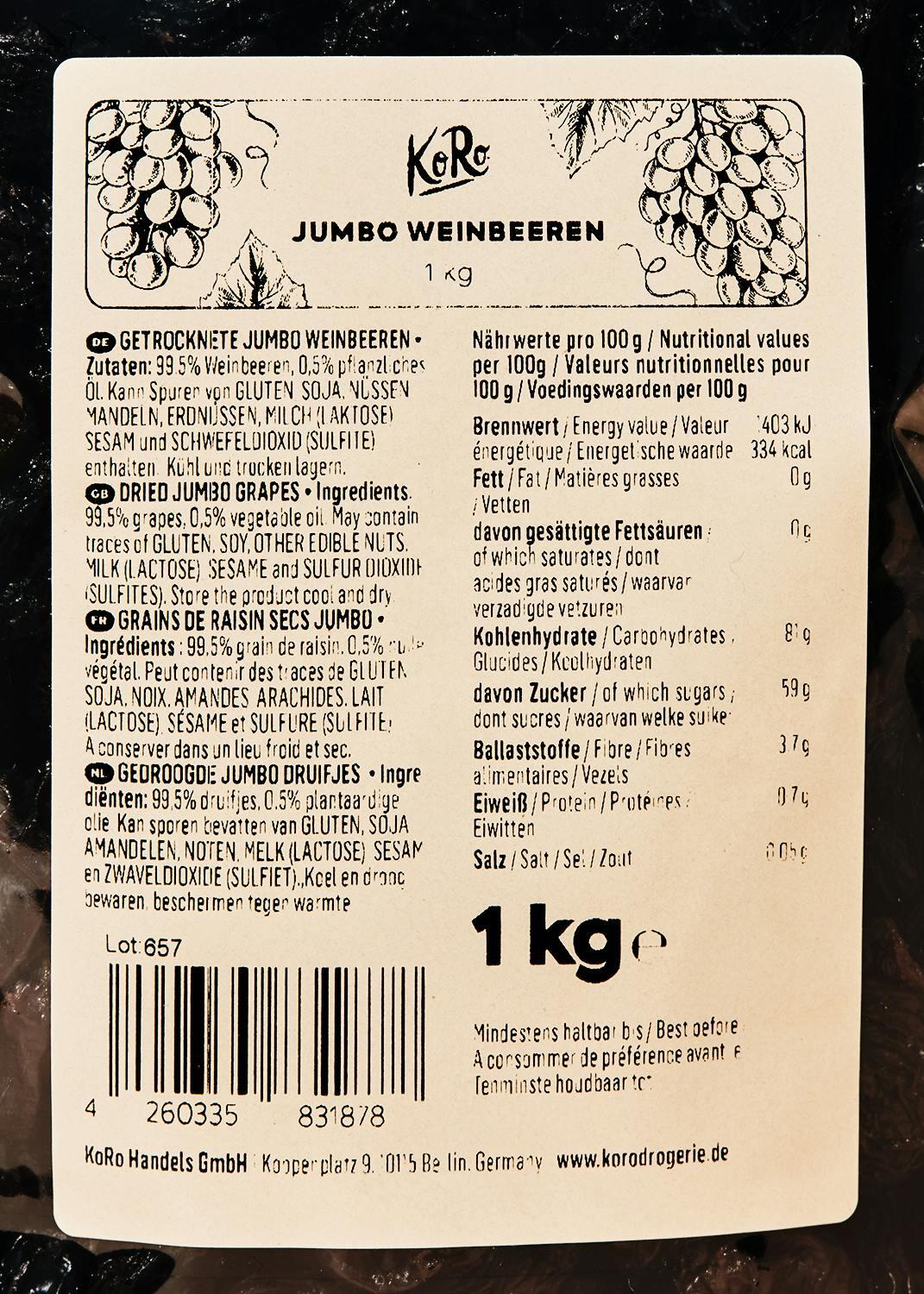 KoRo - Raisins secs Jumbo 1 kg - Extra larges  Sans sucre ajouté 4/7