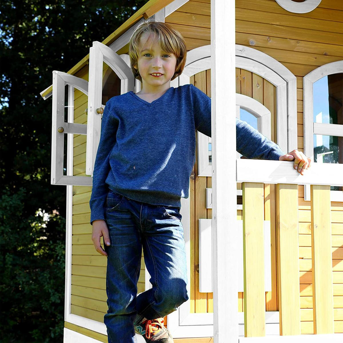 AXI ROMY Bruin Wit Kinderhuis op Stelten met Limoengroene Glijbaan en Zandbak 2/5