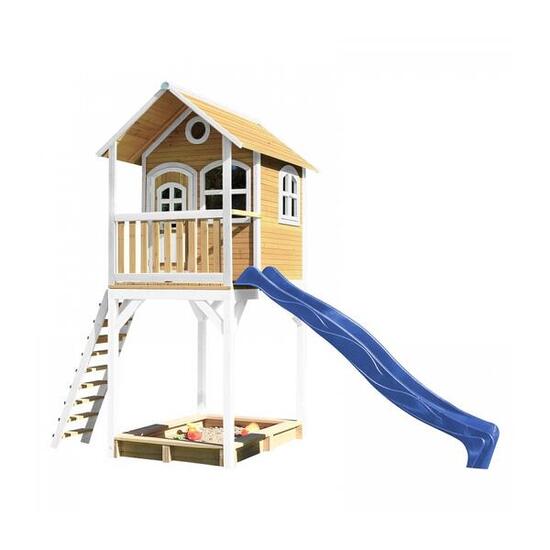 AXI Kinderhaus auf Stelzen ROMY Braun Weiß mit Blue Rutsche und Sandkasten