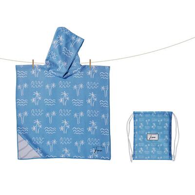 Strandponcho kind 2-7 jaar, blauw met palmboom- en golvenprint