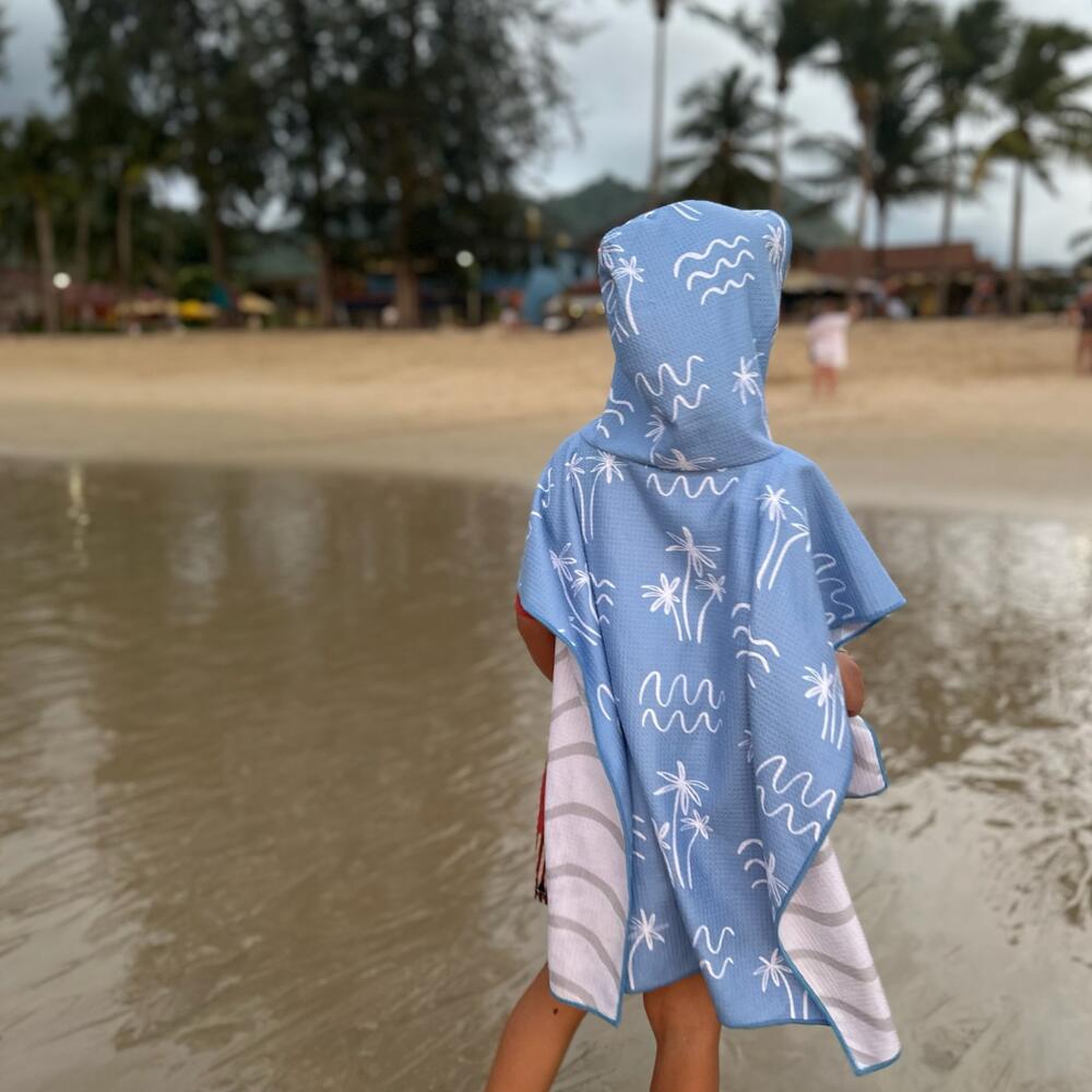 Poncho de Bain enfant 2-7 ans, bleu motif palmier et vague 5/7