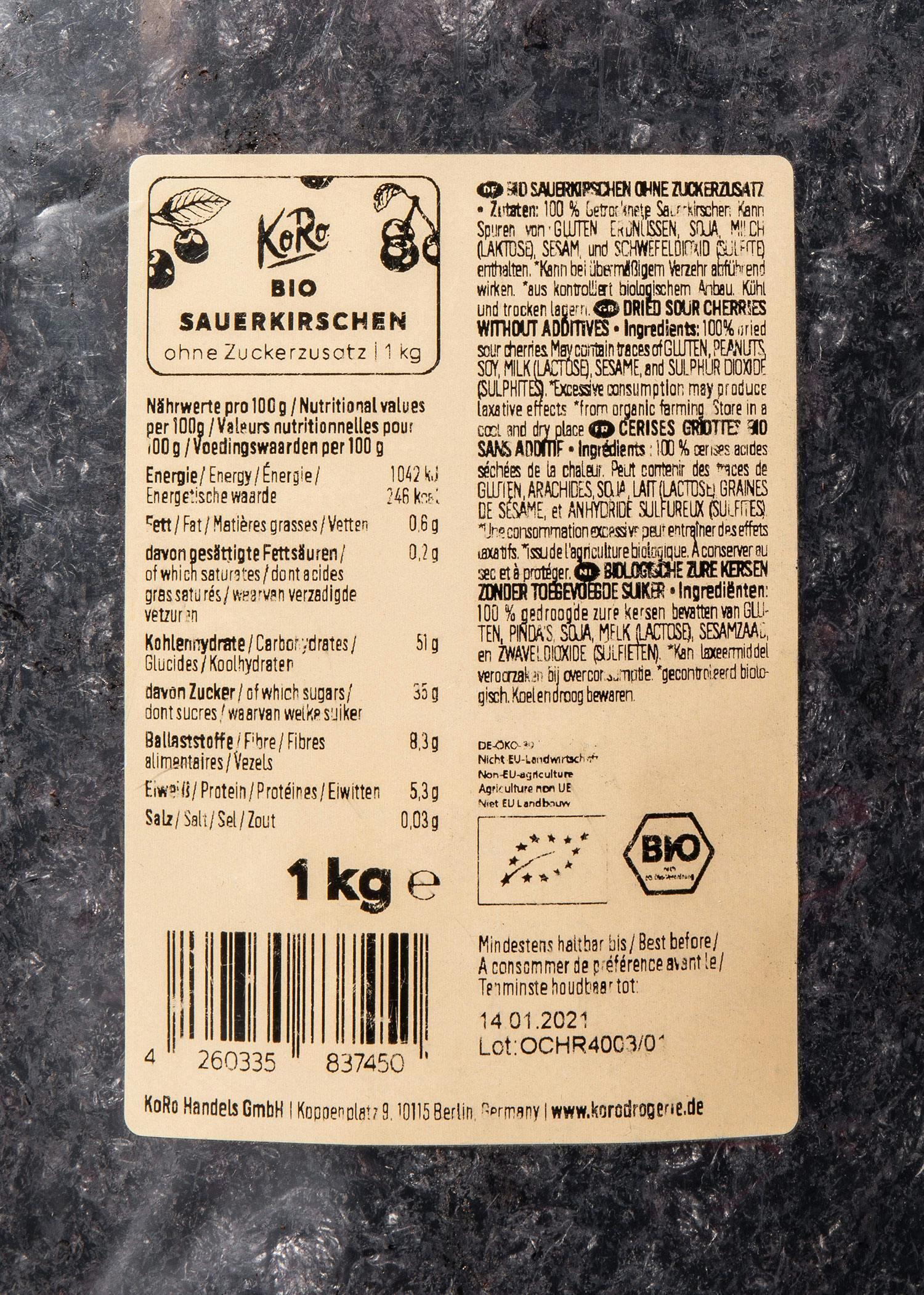 Cerises griottes sans sucre ajouté bio 1 kg 4/6