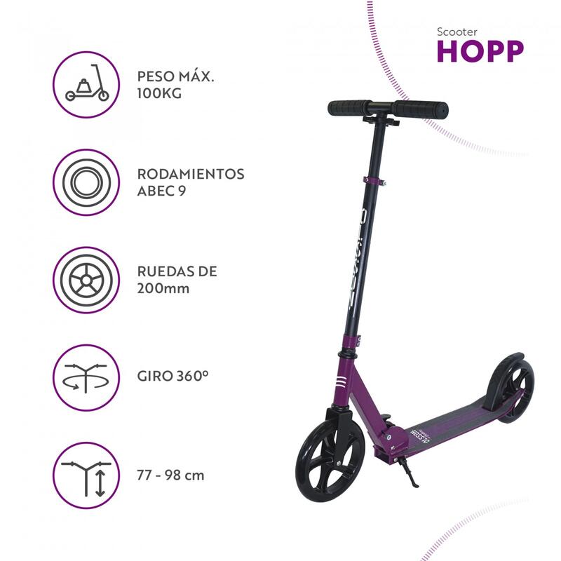 PATINETE HOPP MORADO. Patinete plegable, peso max. 100KG y giro 360º