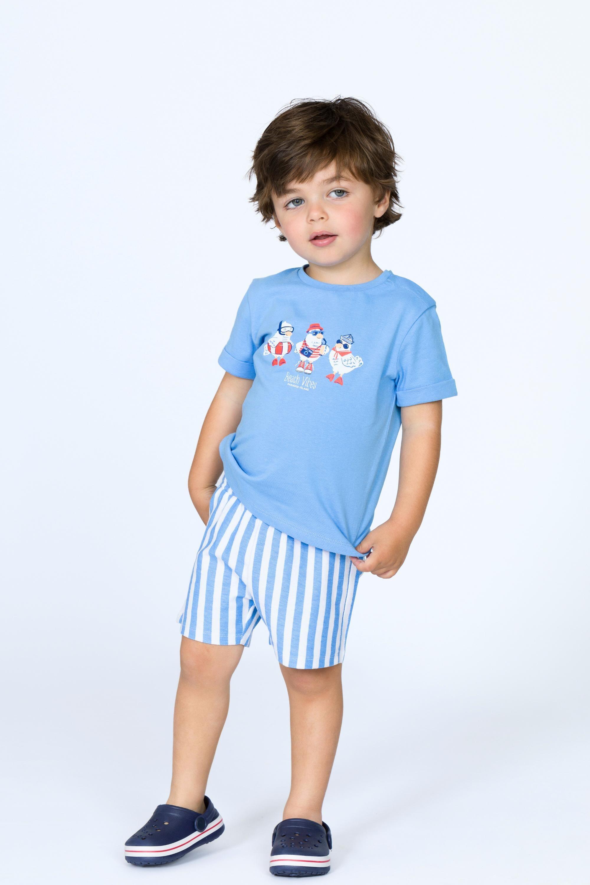 Conjunto niño camiseta azul y bermuda de rayas 1/5