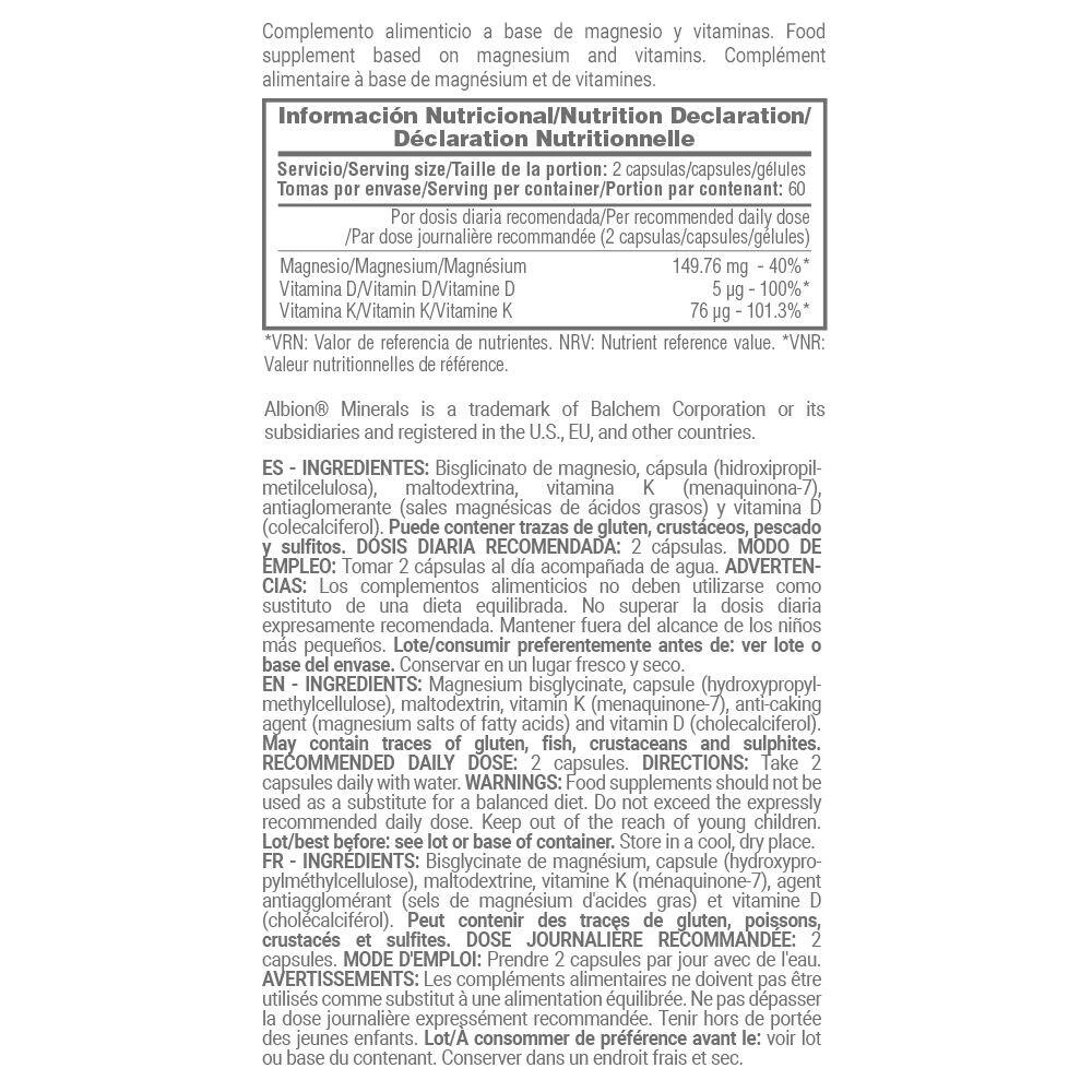 Bisglicinato de magnesio con vitaminas D y K - 120 cápsulas vegetales MASMUSCULO 4/4