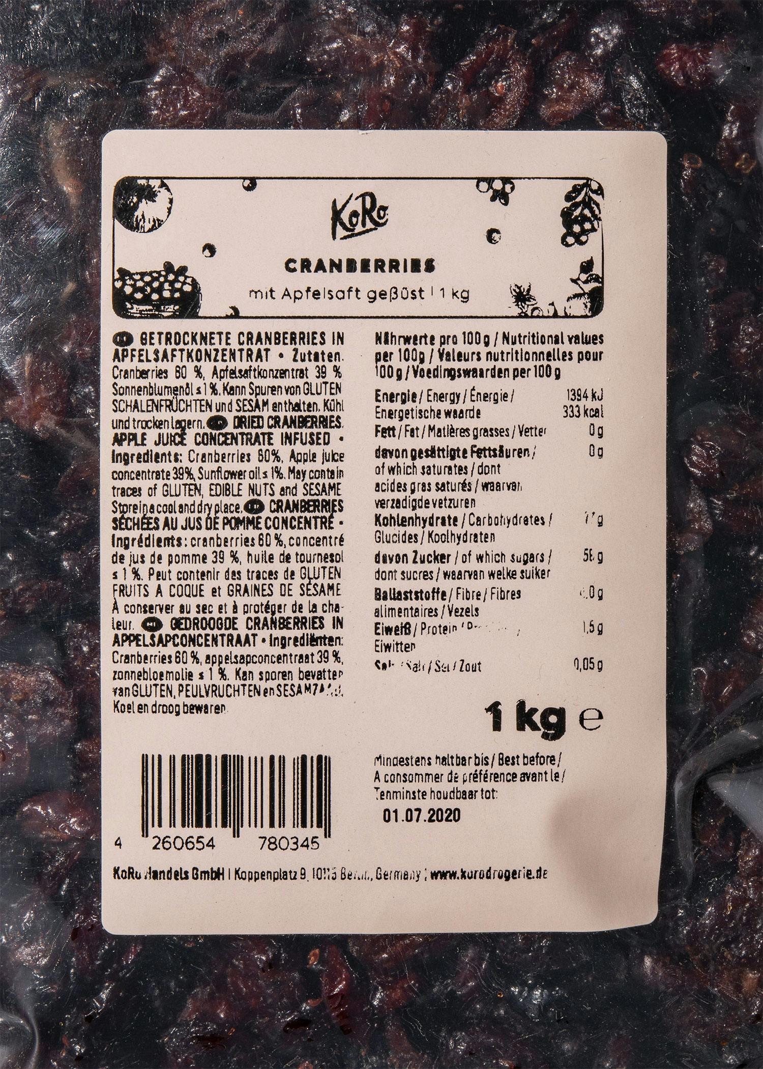 Cranberries sucrées au jus de pomme 1 kg 4/6