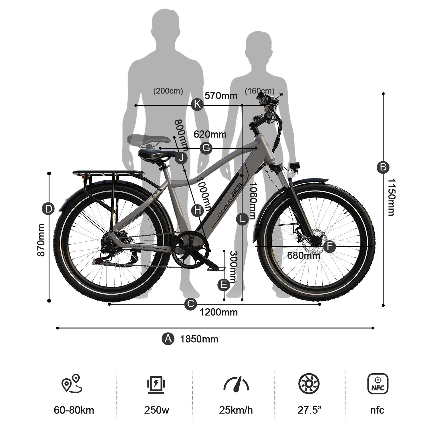 Vélo Électrique VTC G5 27,5" Capteur de couple APP/NFC Autonomie 60-120km 4/8