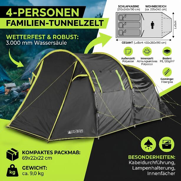 Zelt 4 Personen 3000 mm Wassersäule Campingzelt Fammilienzelt 3/7