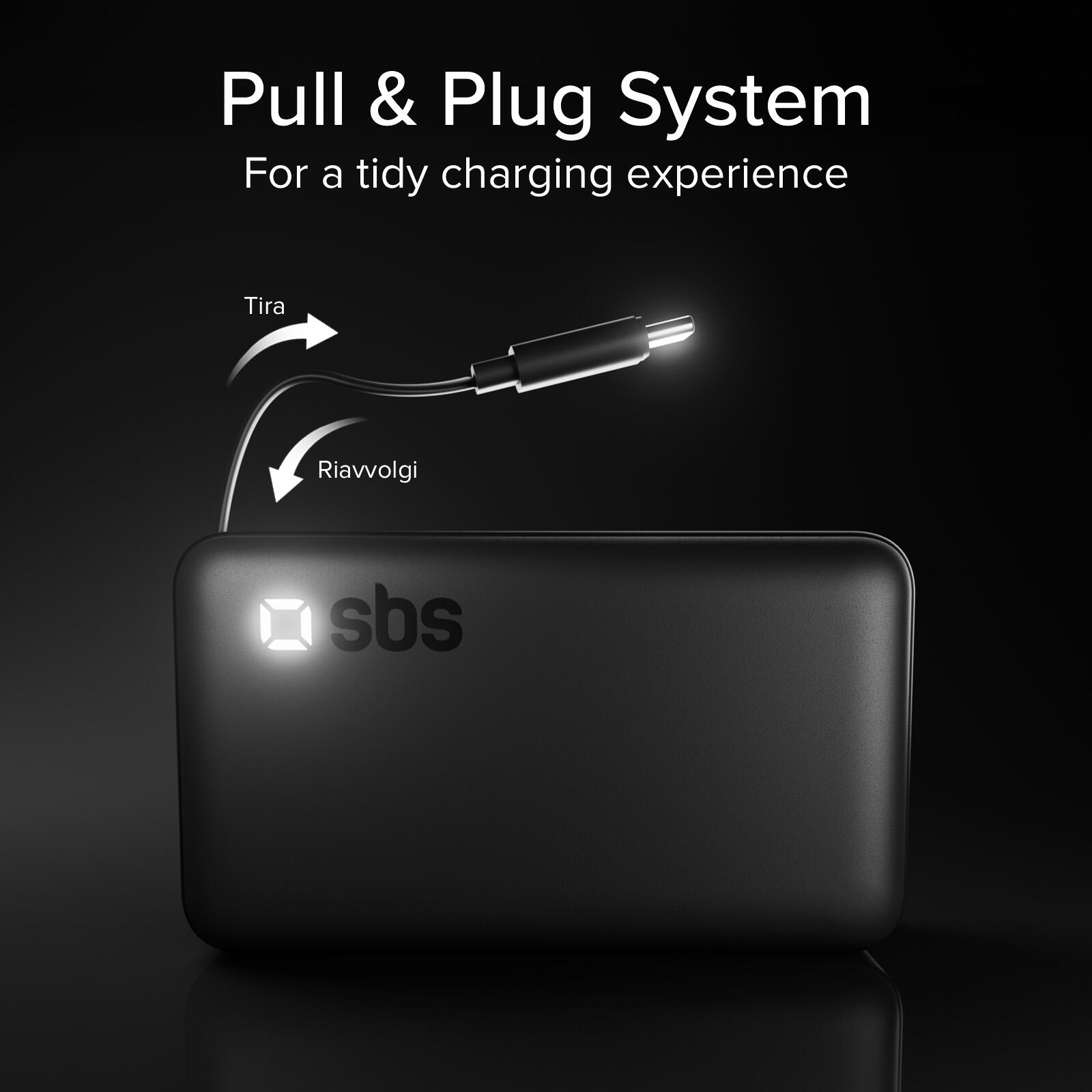 Powerbank 10000 mAh con cavo USB-C retrattile e ricarica rapida 4/7