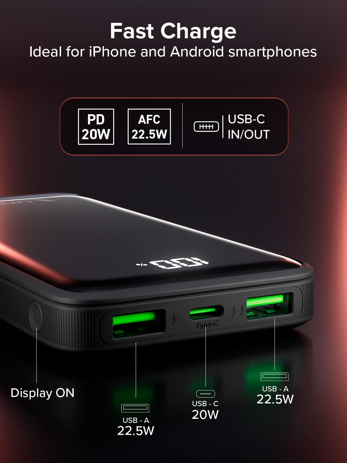 Powerbank 10000mAh, con Porte USB-A AFC 22,5W e USB-C PD20W 3/7