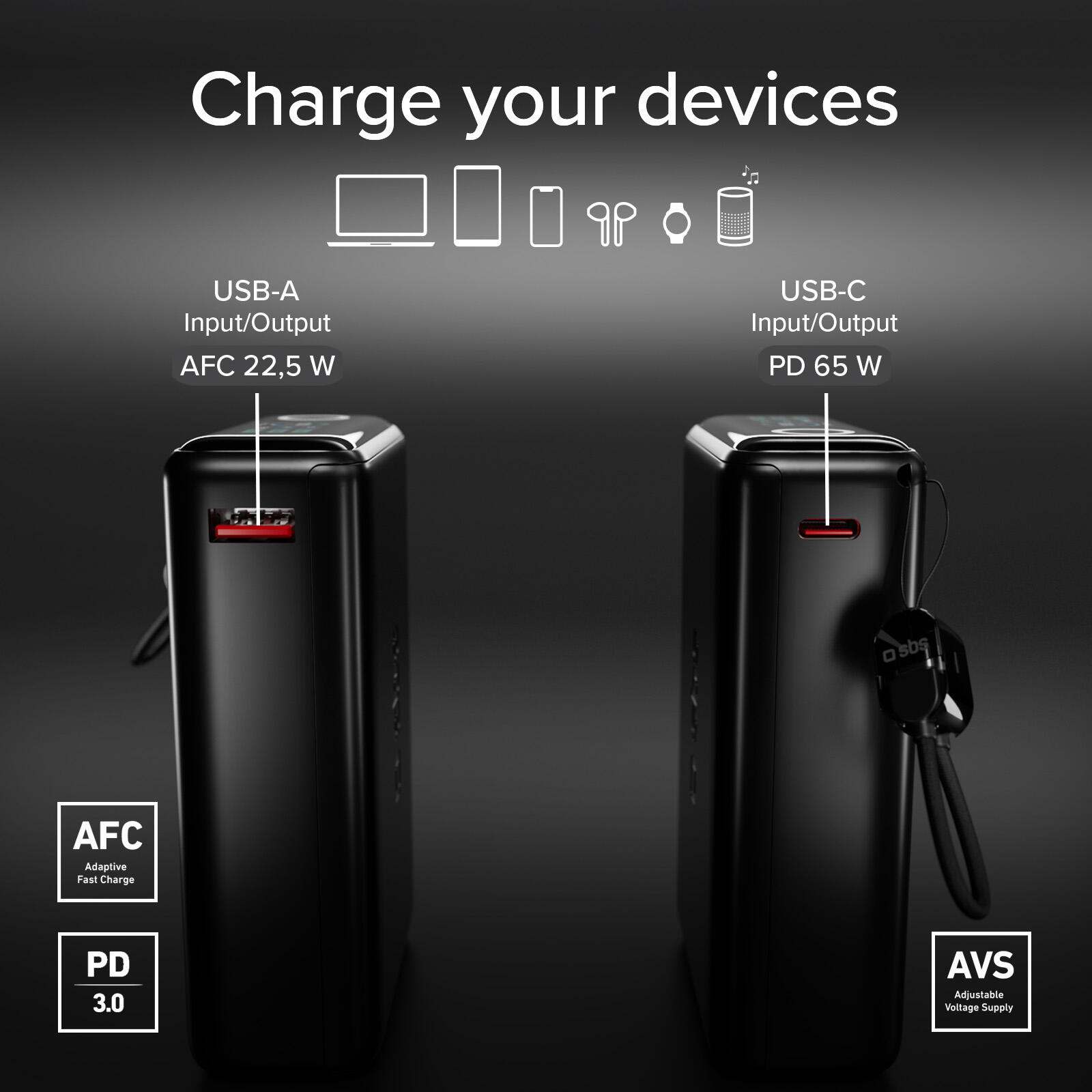 Power Bank 20000mAh Powerbank con Cavo Integrato e Display LCD 5/7