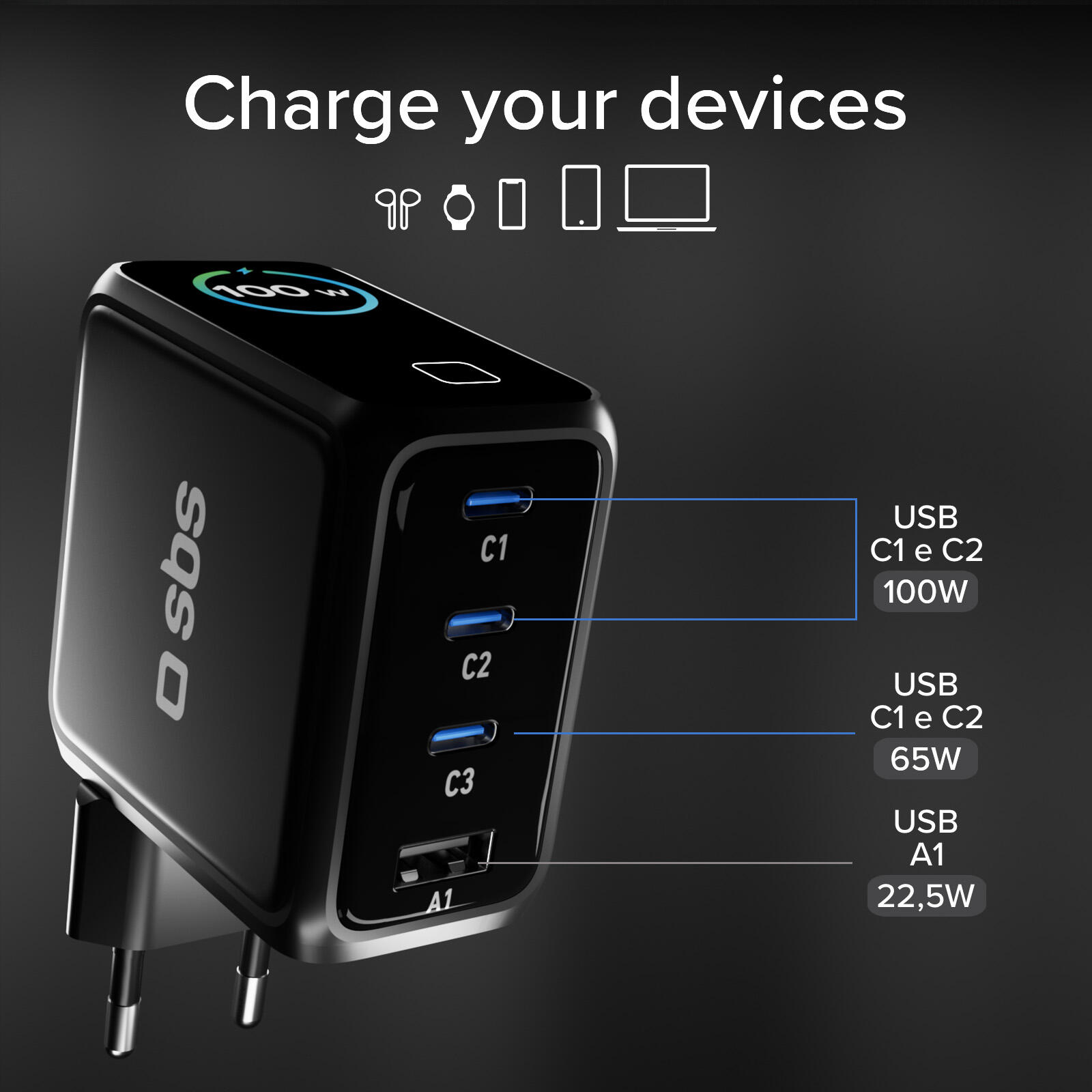 Chargeur USB‑C 100W avec écran TFT et 4 ports 6/7