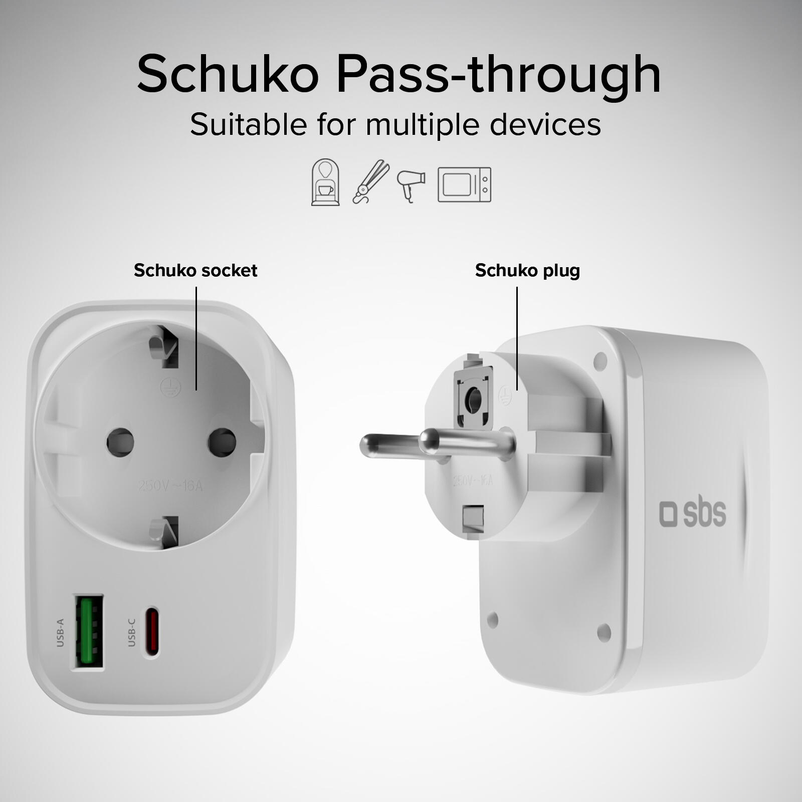 Caricatore 20W Power Delivery, presa schuko, porte USB-A e USB-C 3/7