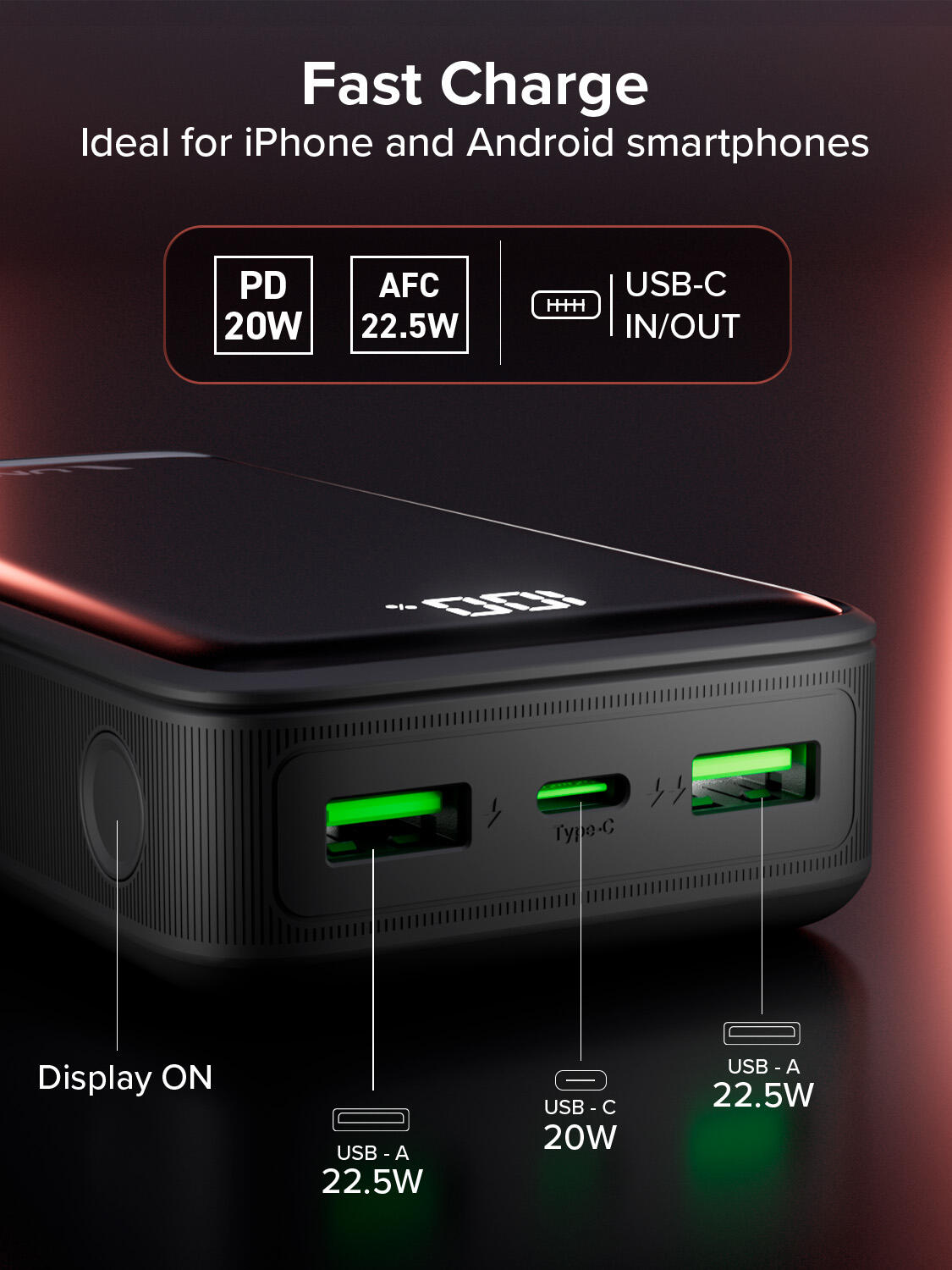 Powerbank 20000mAh, con Porte USB-A AFC 22,5W e USB-C PD20W 3/7