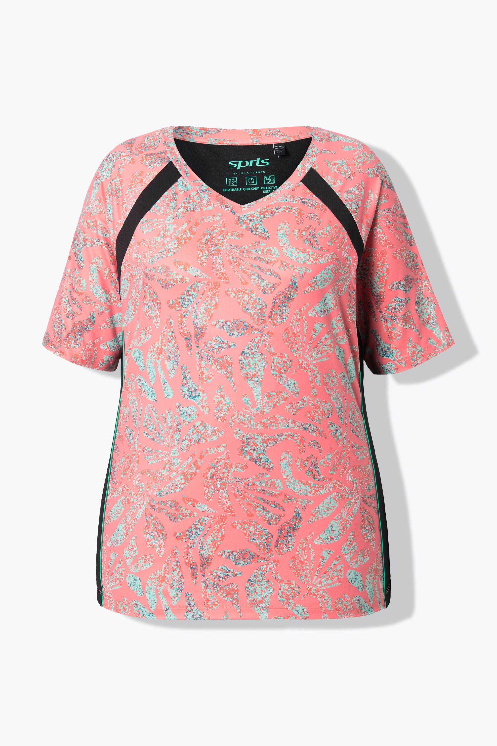 Femme T-shirt en mesh imprimé feuilles décolleté en V et manches courtes 4/5