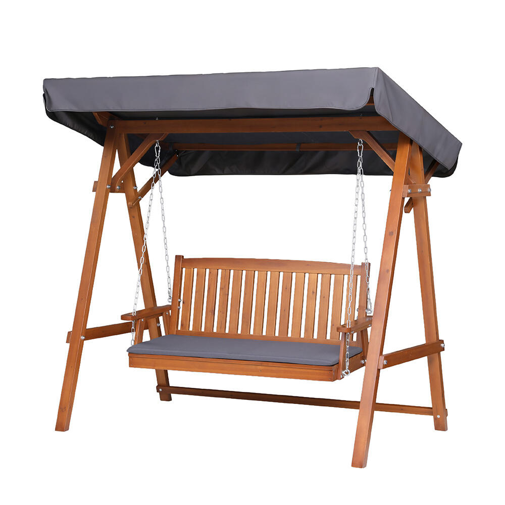 Gardeon Outdoor Wooden Swing Chair Garden Bench Canopy Cushion 3 Seater Teak