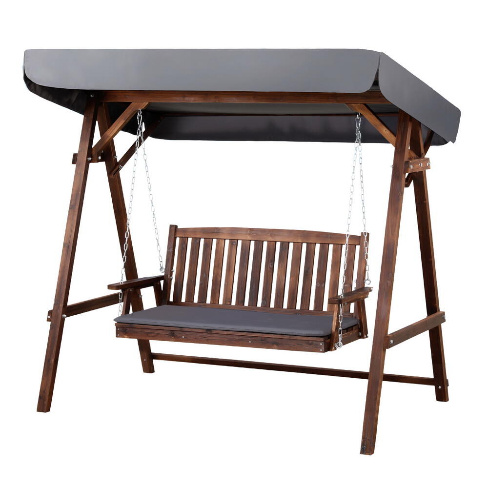 Gardeon Outdoor Wooden Swing Chair Garden Bench Canopy Cushion 3 Seater Charcoal